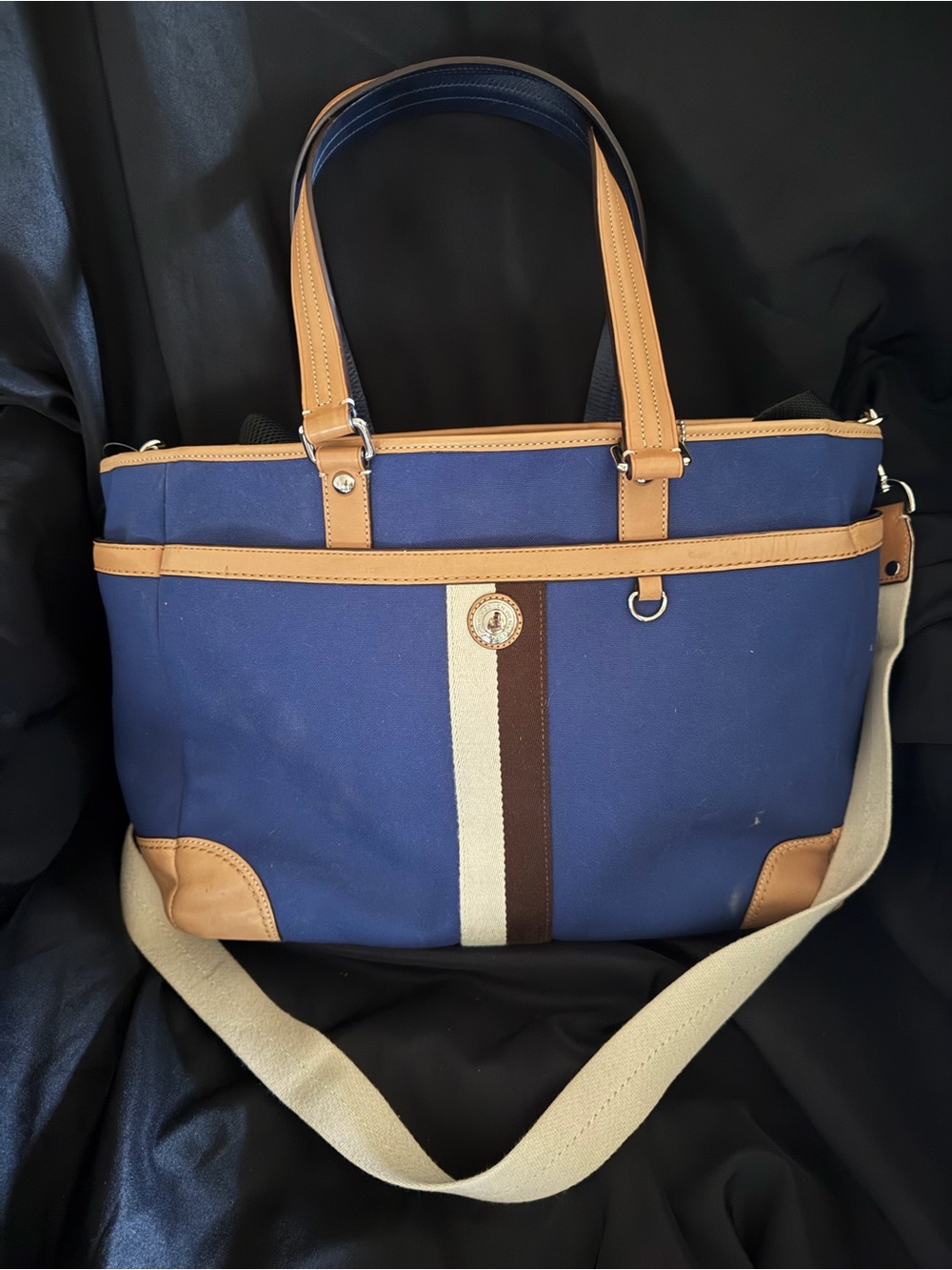 Navy Coach Canvas Tote with Tan leather Trim and Contrast Stripe
